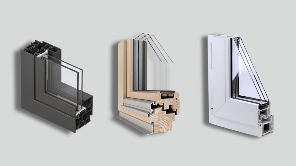 Aluminum, PVC, and wood joinery profiles displayed side by side for durability, insulation, and maintenance comparison — VELTAA Material Comparison Guide